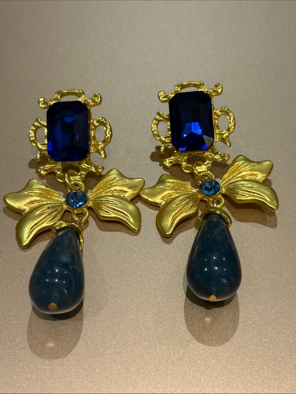 Gold-Tone Blue Crystal Floral Drop Earrings 3”